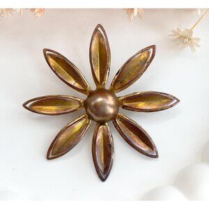 Copper Toned 8 Petaled Art Deco Vintage Floral Dainty Brooch Lapel Pin